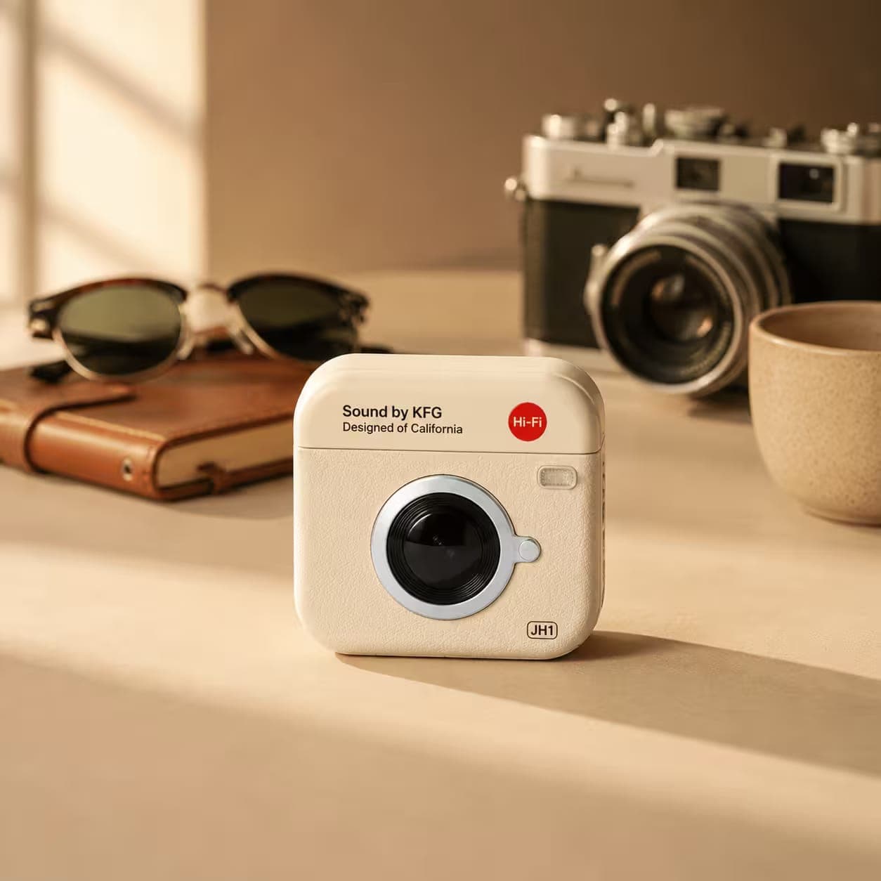 Retro Camera Design Earbuds in use